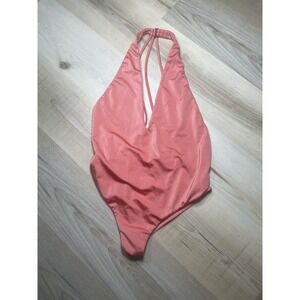 Billabong One Piece Swimsuit Womens Large Coral Halter Plunge Open Back Cheeky